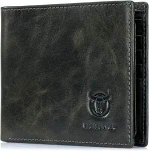 BULLCAPTAIN RFID Wallets for Men Slim Bifold Genuine Leather Front Pocket Wallet with 2 ID Windows QB-05（Forest Green）