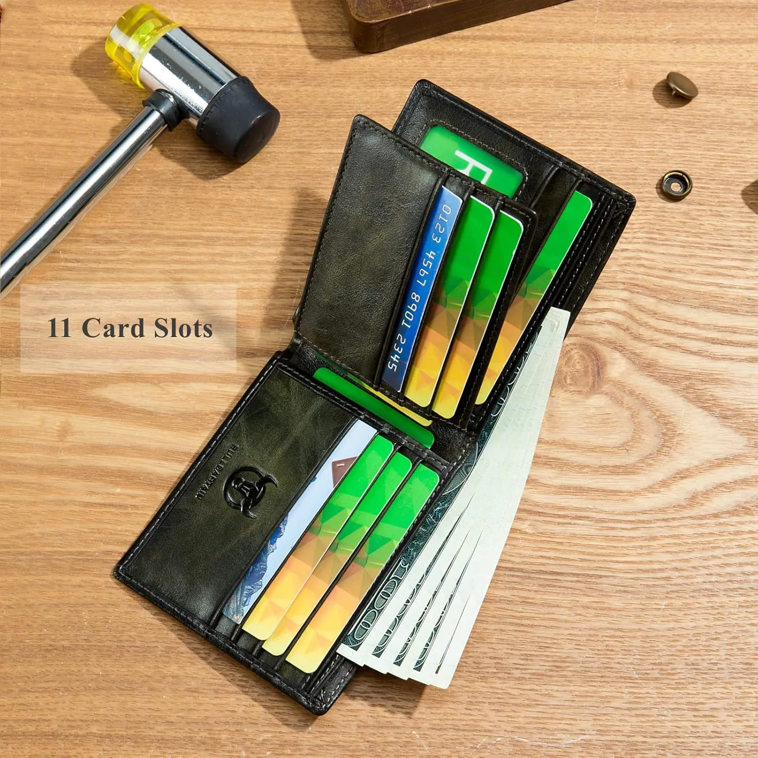 BULLCAPTAIN RFID Wallets for Men Slim Bifold Genuine Leather Front Pocket Wallet with 2 ID Windows QB-05（Forest Green）
