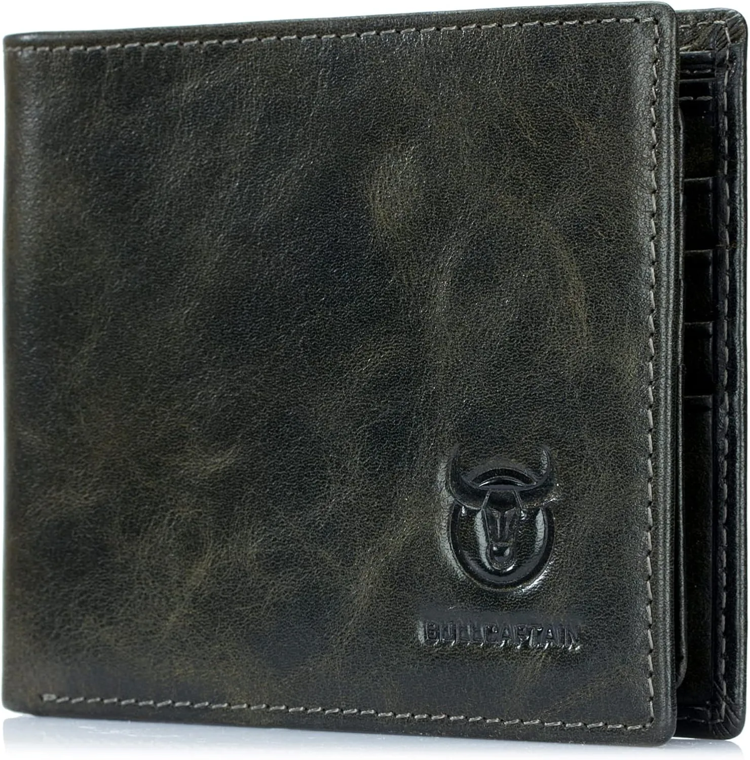 BULLCAPTAIN RFID Wallets for Men Slim Bifold Genuine Leather Front Pocket Wallet with 2 ID Windows QB-05（Forest Green）
