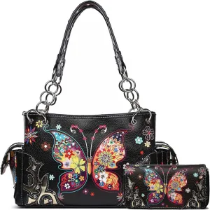 Butterfly Flower Western Style Concealed Carry Spring Purse Country Handbag Women Shoulder Bag Wallet Set