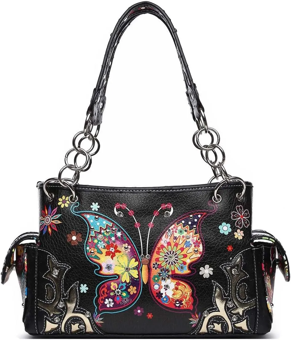 Butterfly Flower Western Style Concealed Carry Spring Purse Country Handbag Women Shoulder Bag Wallet Set