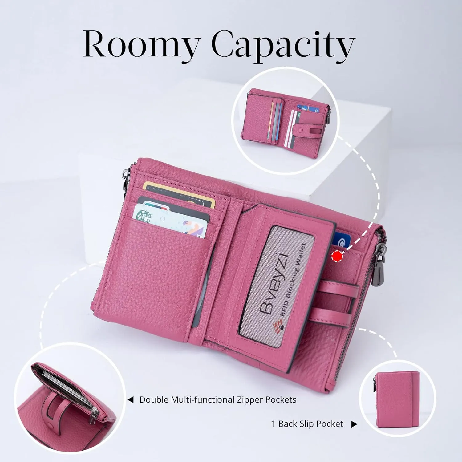 Bveyzi Small Soft Leather Wallet for Women RFID Blocking Ladies Card Holder with Double Zipper Pocket