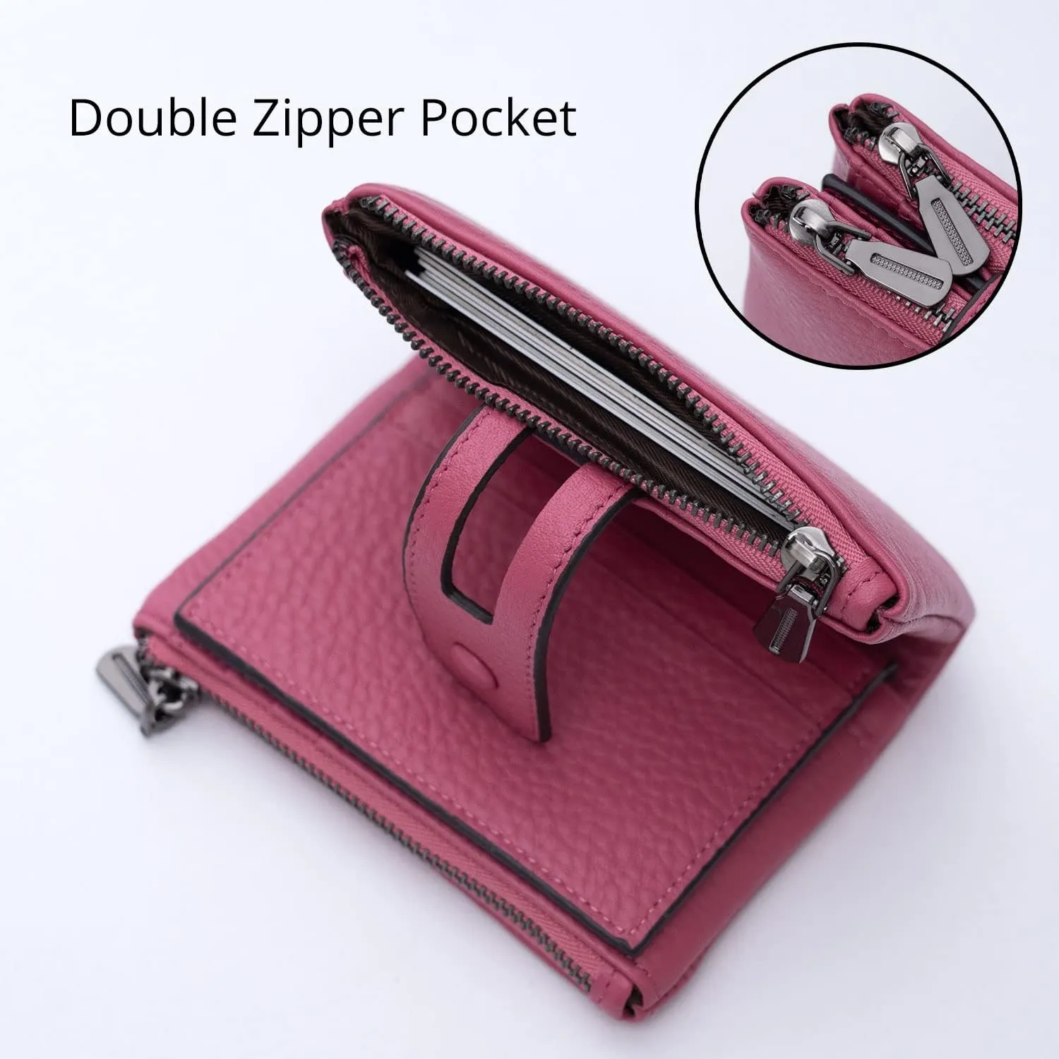 Bveyzi Small Soft Leather Wallet for Women RFID Blocking Ladies Card Holder with Double Zipper Pocket