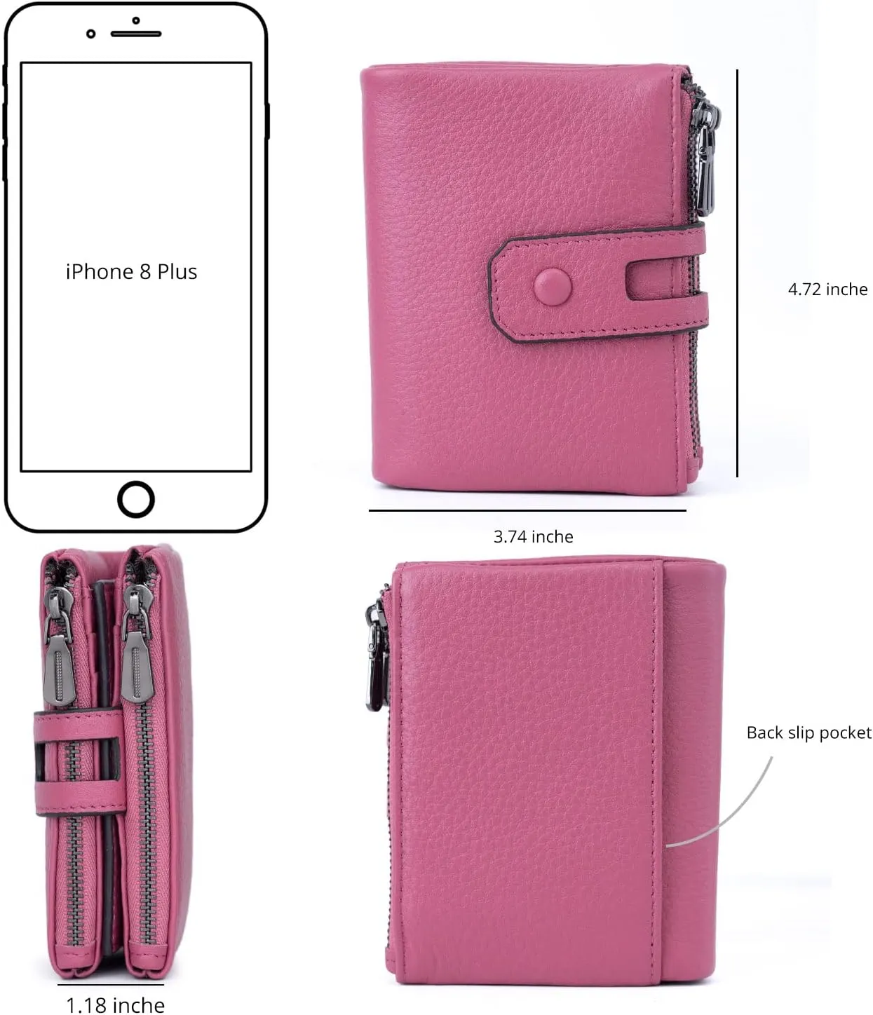 Bveyzi Small Soft Leather Wallet for Women RFID Blocking Ladies Card Holder with Double Zipper Pocket