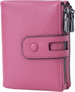 Bveyzi Small Soft Leather Wallet for Women RFID Blocking Ladies Card Holder with Double Zipper Pocket