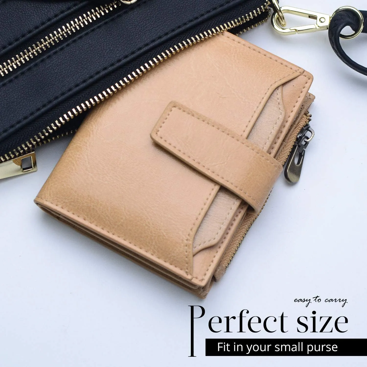 Bveyzi Women's Small Leather RFID Blocking Bifold Zipper Pocket Wallet Ladies Credit Card Slots Purse with id Window