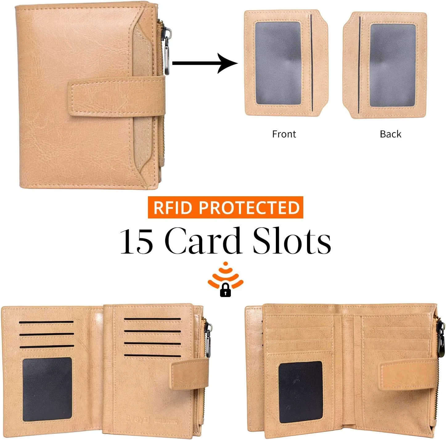 Bveyzi Women's Small Leather RFID Blocking Bifold Zipper Pocket Wallet Ladies Credit Card Slots Purse with id Window