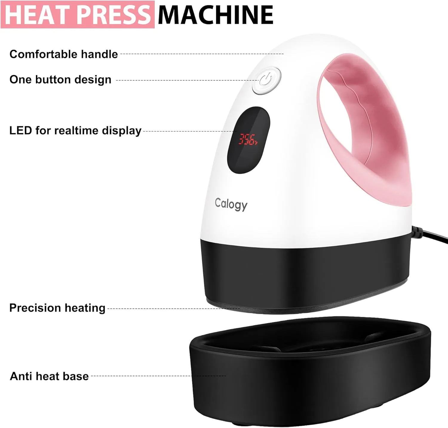 Calogy Mini Heat Press, Heat Transfer Machine, Constant Temp Control, Insulated Safety Base, Fits for Crafts, T-Shirt, Hat, Cap, Pillows(White Pink)
