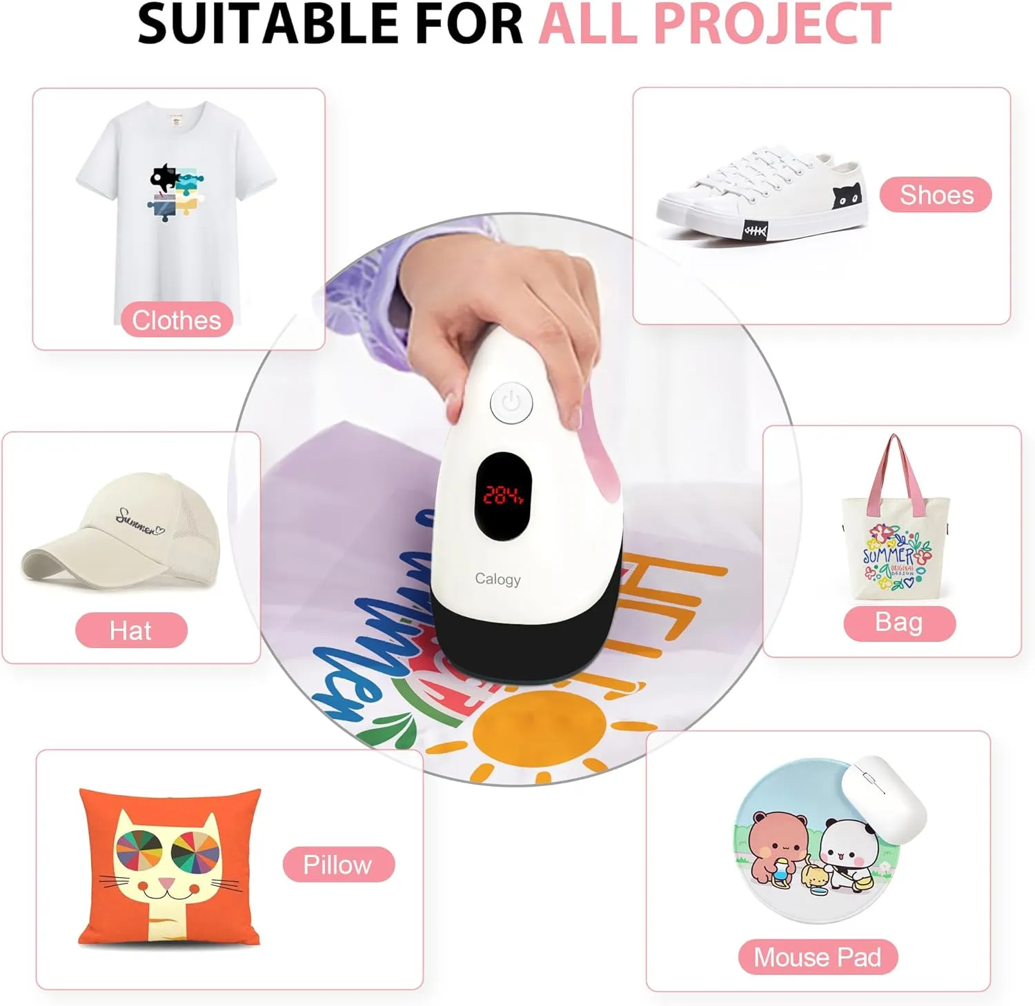 Calogy Mini Heat Press, Heat Transfer Machine, Constant Temp Control, Insulated Safety Base, Fits for Crafts, T-Shirt, Hat, Cap, Pillows(White Pink)