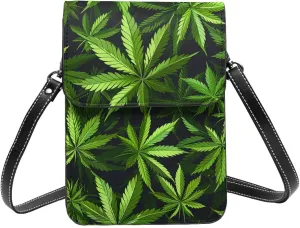 cannabis leaves Marijuana leaf Weed green black Leather Small Crossbody Bags for Women Cell Phone Bag Wallet Purses with Adjustable Strap