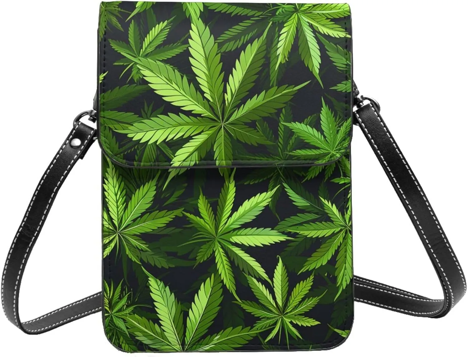cannabis leaves Marijuana leaf Weed green black Leather Small Crossbody Bags for Women Cell Phone Bag Wallet Purses with Adjustable Strap