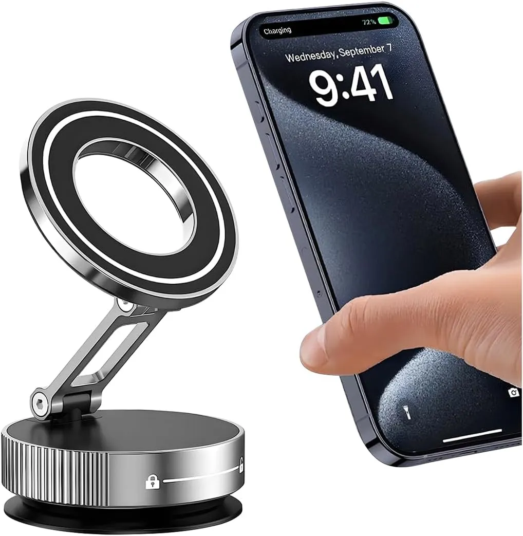 Car Vacuum Magnetic Phone Holder, Suction Cup Foldable Vehicle Smartphones Mount, 360° Rotatable Adjustable Automotive Cellphone Stand Accessories, Universal for SUV, Sedan, Truck (Silver)
