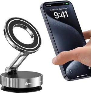 Car Vacuum Magnetic Phone Holder, Suction Cup Foldable Vehicle Smartphones Mount, 360° Rotatable Adjustable Automotive Cellphone Stand Accessories, Universal for SUV, Sedan, Truck (Silver)