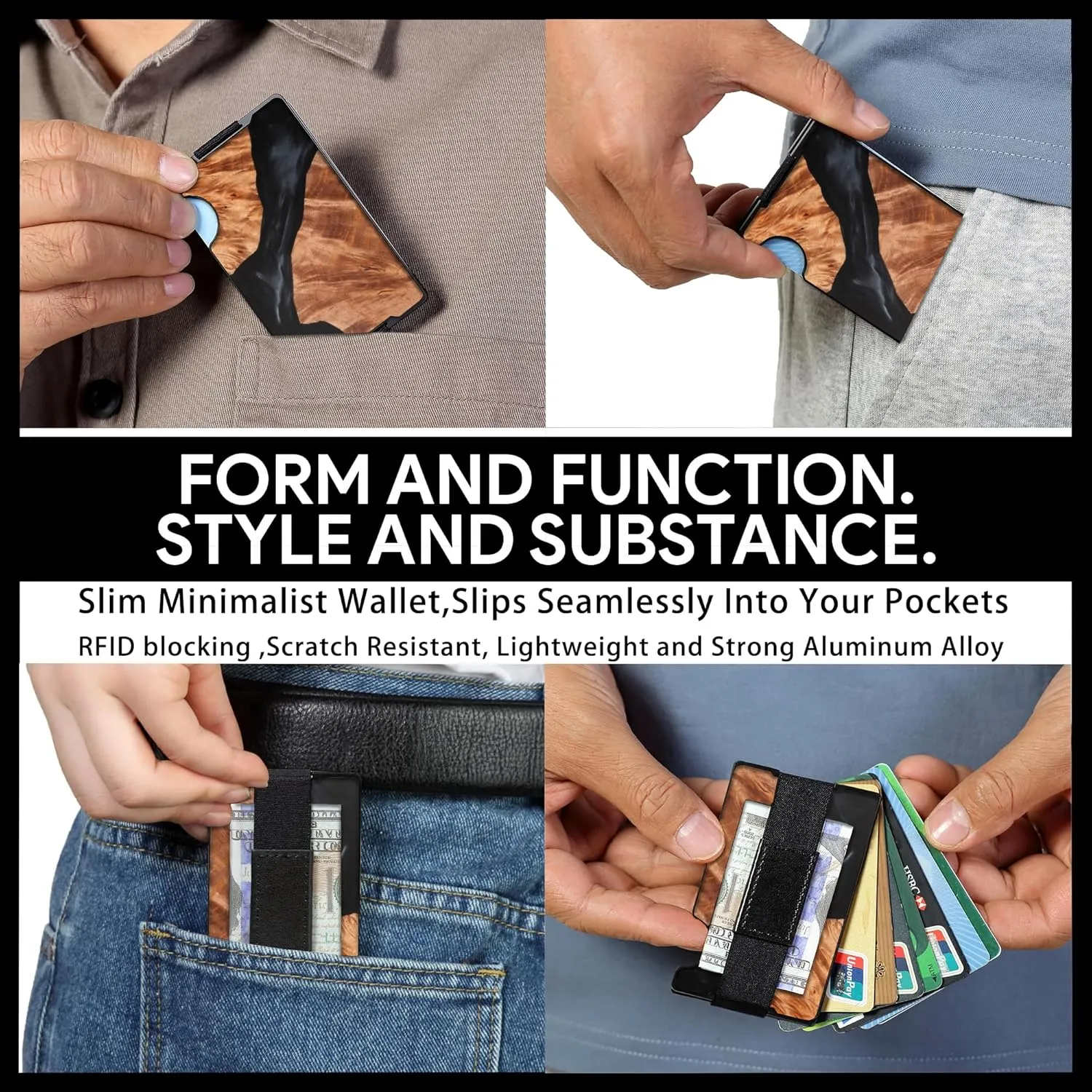 Carbon Fiber Minimalist Wallet for Men Credit Card Holder Money Clip & Cash Strap Slim RFID Mens Wallets,Resin Natural Walnut Wood, Unique Pattern