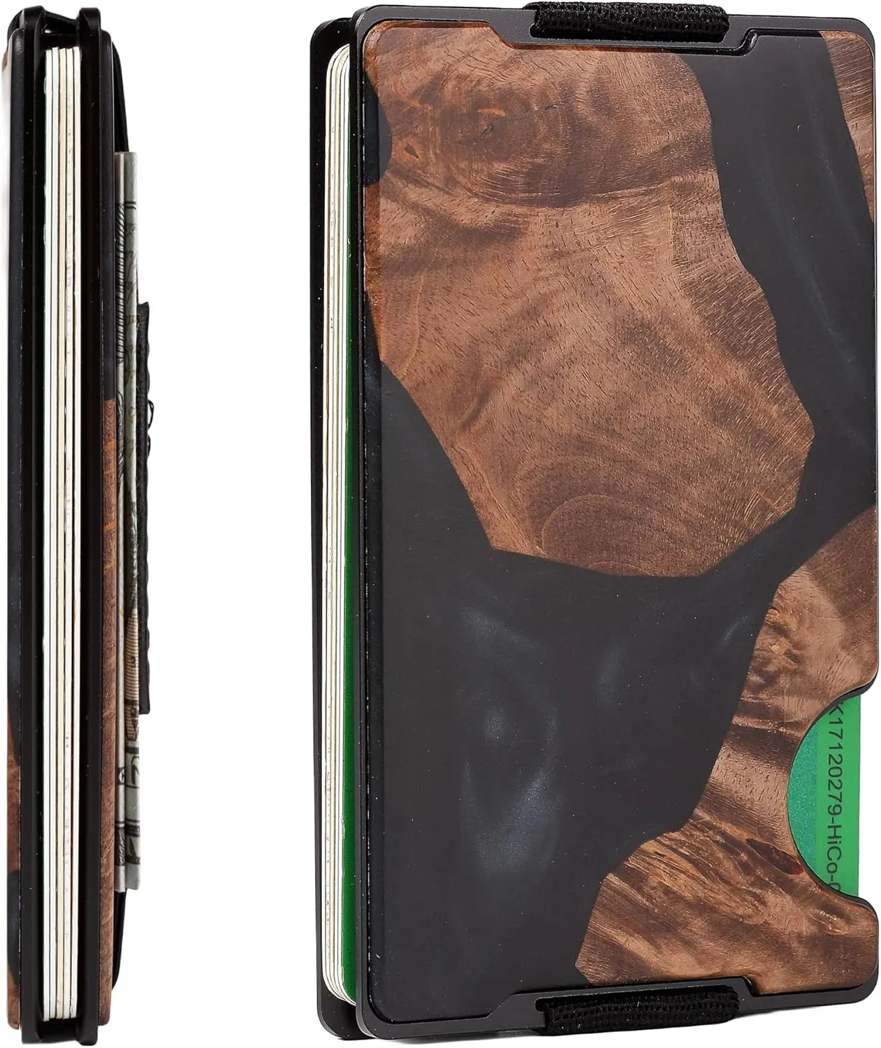 Carbon Fiber Minimalist Wallet for Men Credit Card Holder Money Clip & Cash Strap Slim RFID Mens Wallets,Resin Natural Walnut Wood, Unique Pattern