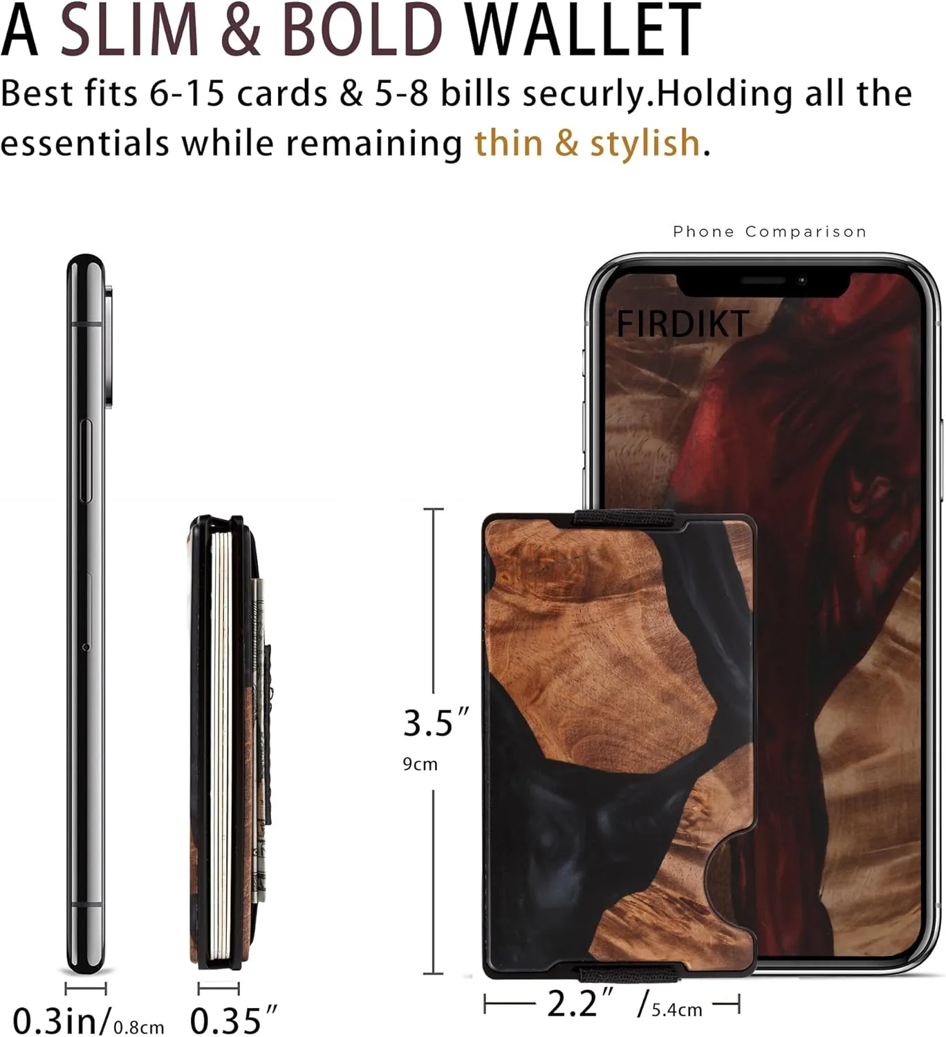 Carbon Fiber Minimalist Wallet for Men Credit Card Holder Money Clip & Cash Strap Slim RFID Mens Wallets,Resin Natural Walnut Wood, Unique Pattern
