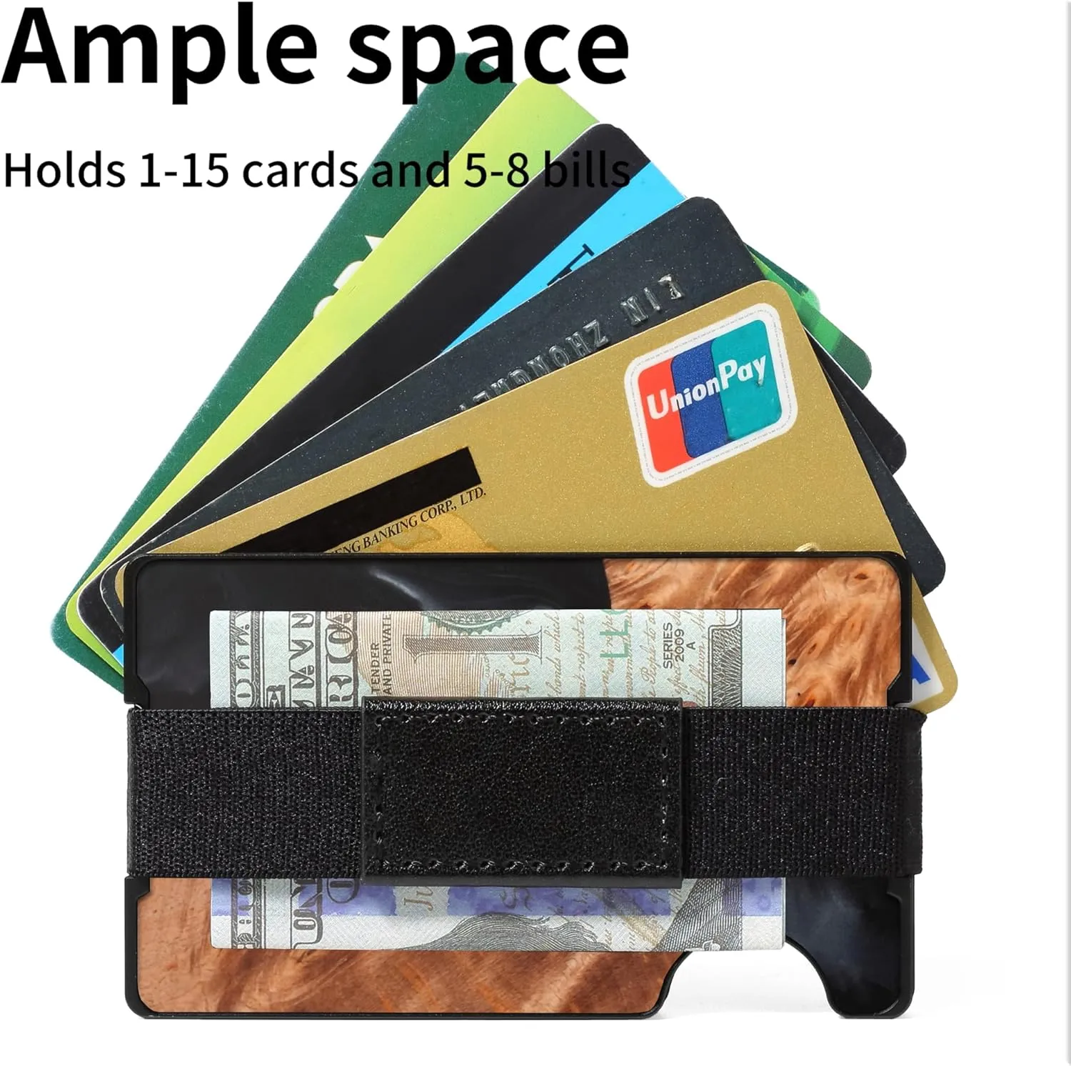 Carbon Fiber Minimalist Wallet for Men Credit Card Holder Money Clip & Cash Strap Slim RFID Mens Wallets,Resin Natural Walnut Wood, Unique Pattern