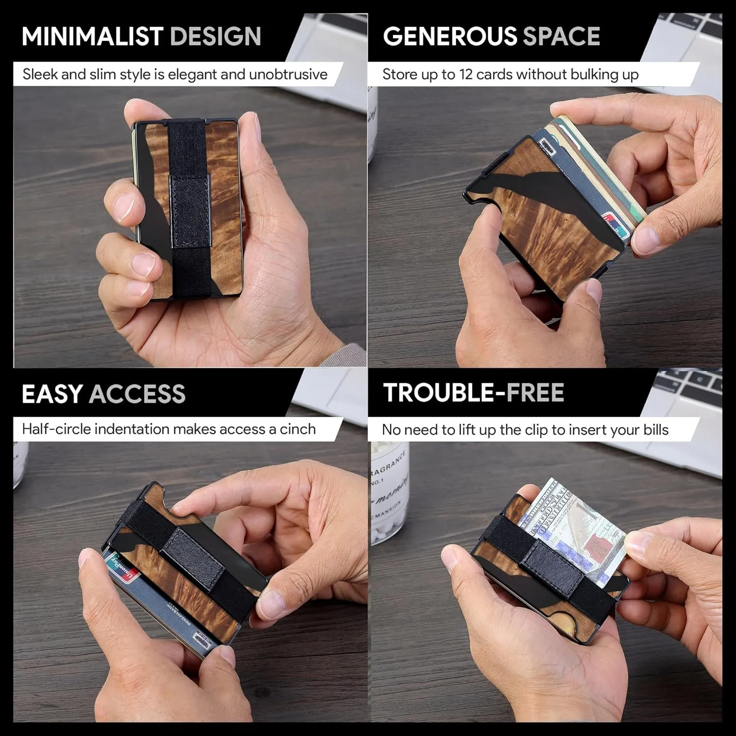 Carbon Fiber Minimalist Wallet for Men Credit Card Holder Money Clip & Cash Strap Slim RFID Mens Wallets,Resin Natural Walnut Wood, Unique Pattern