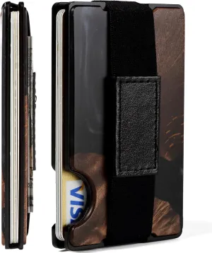 Carbon Fiber Minimalist Wallet for Men Credit Card Holder Money Clip & Cash Strap Slim RFID Mens Wallets,Resin Natural Walnut Wood, Unique Pattern