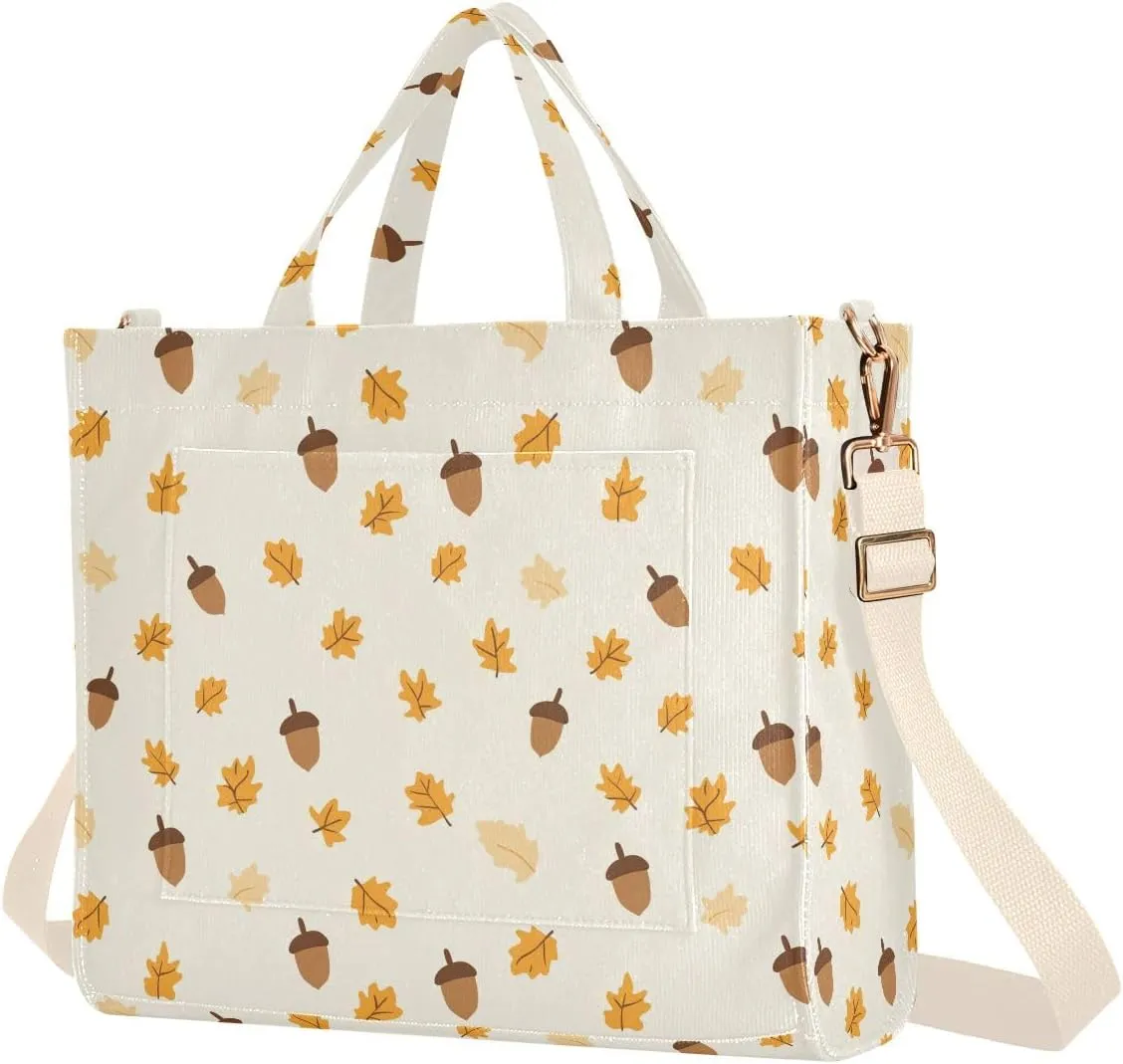 Cartoon Acorns Print Tote Bag Large Capacity for Women Handbag Corduroy Crossbody Shoulder Bag