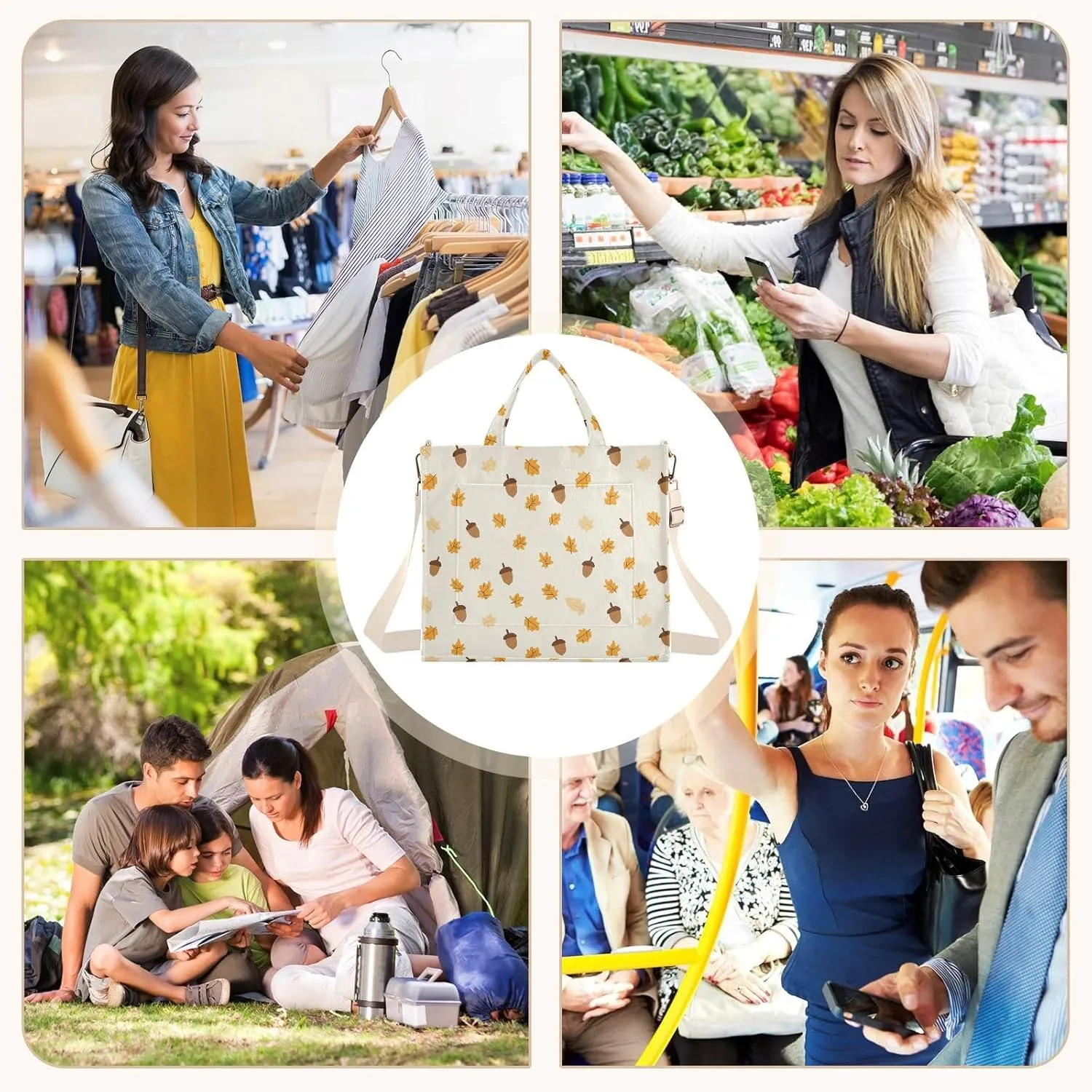 Cartoon Acorns Print Tote Bag Large Capacity for Women Handbag Corduroy Crossbody Shoulder Bag