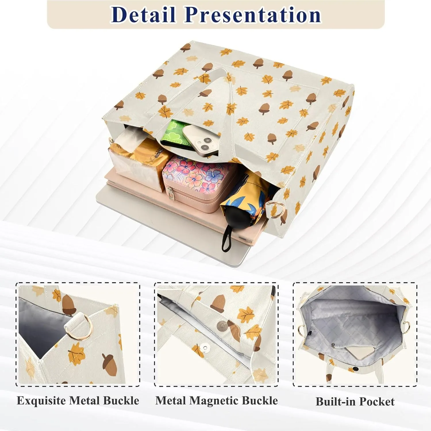 Cartoon Acorns Print Tote Bag Large Capacity for Women Handbag Corduroy Crossbody Shoulder Bag