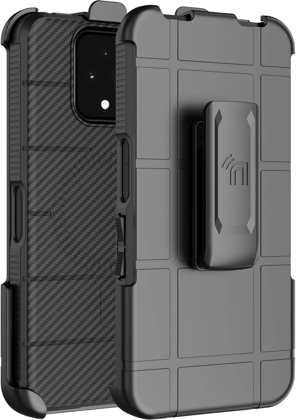 Case with Clip for Sonim XP Pro 5G Phone, Nakedcellphone Rugged Cover and [Rotating Ratchet] Belt Hip Holster (Compatible with MagSafe) - Carbon Fiber Design
