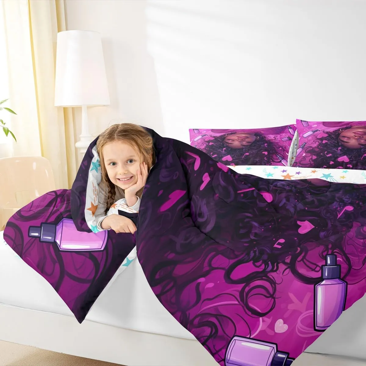 Castle Fairy Modern Lady Comforter Set Twin Size for Kids Makeup Theme Romantic Bedding Sets All Season Valentine's Day Gift Quilt Set Bedroom Decor American Style Girlish Down Comforter,2Pcs