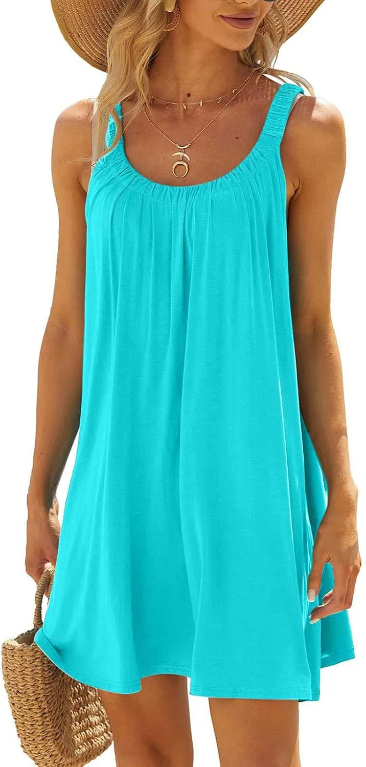 Casual Dresses for Women Basic Summer Beach Coverup Sun Dresses Soft Sleeveless Crewneck Hawaiian Mini Sun Dresses
