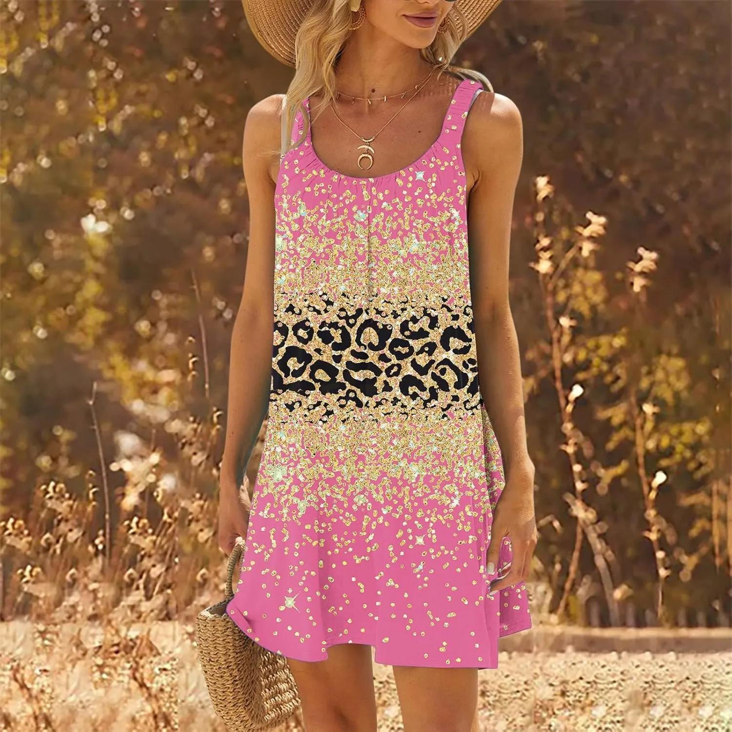 Casual Dresses for Women Halter Strap Sleeveless Gradient Maxi Tank Dresses Summer Hawaiian Vacation Mini Dress