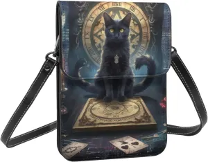Cat mystery ouija board witch black crossbody cell phone purse for womens lightweight small soft leather fashion travel wallet with adjustable strap