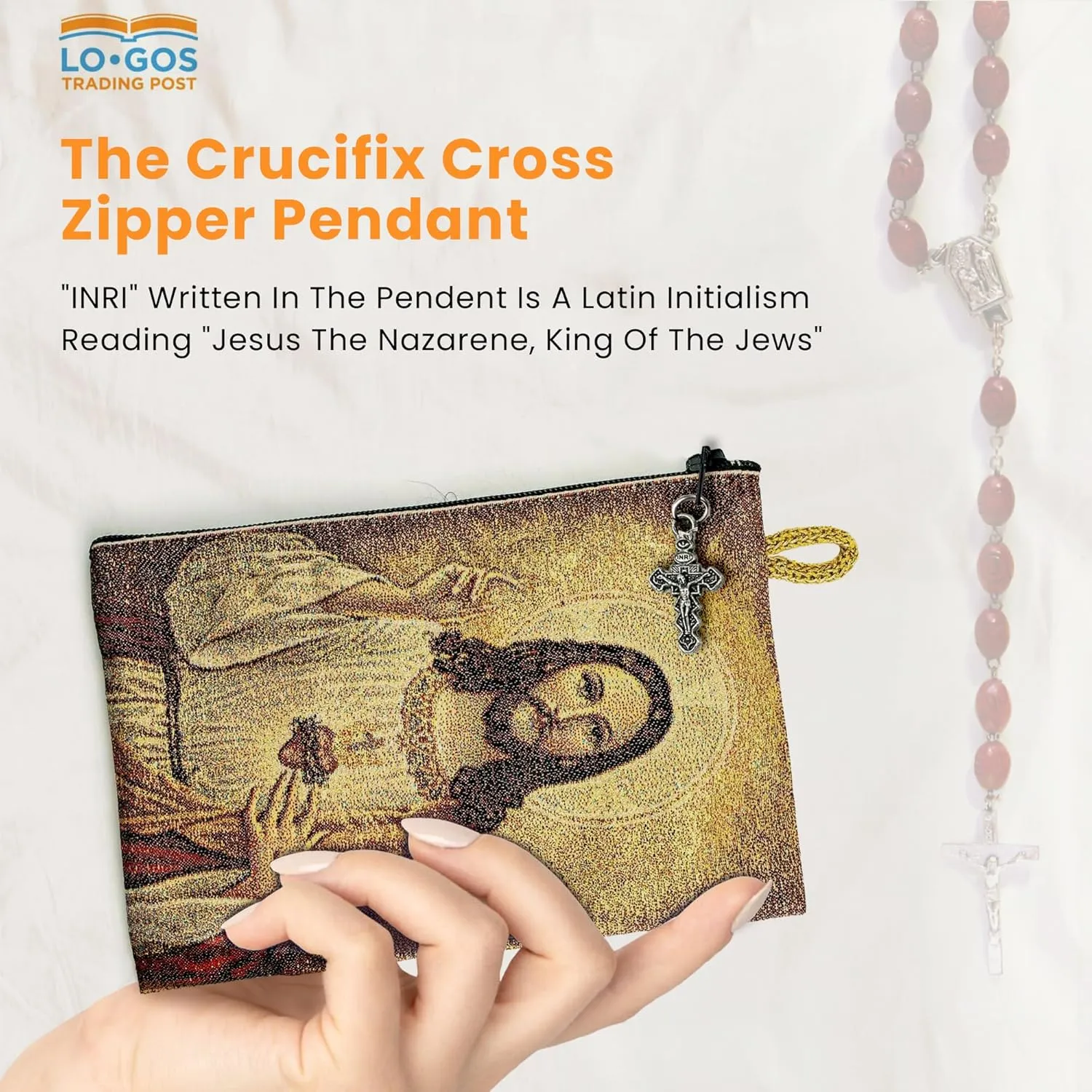 Catholic Rosary Pouch, Sacred Heart of Jesus & Immaculate Heart of Mary, 4" x 6" Jewelry & Coin Purse with Cross, Small Woven Tapestry Icon Bag, Bolsa de Rosario Católico para Joyería