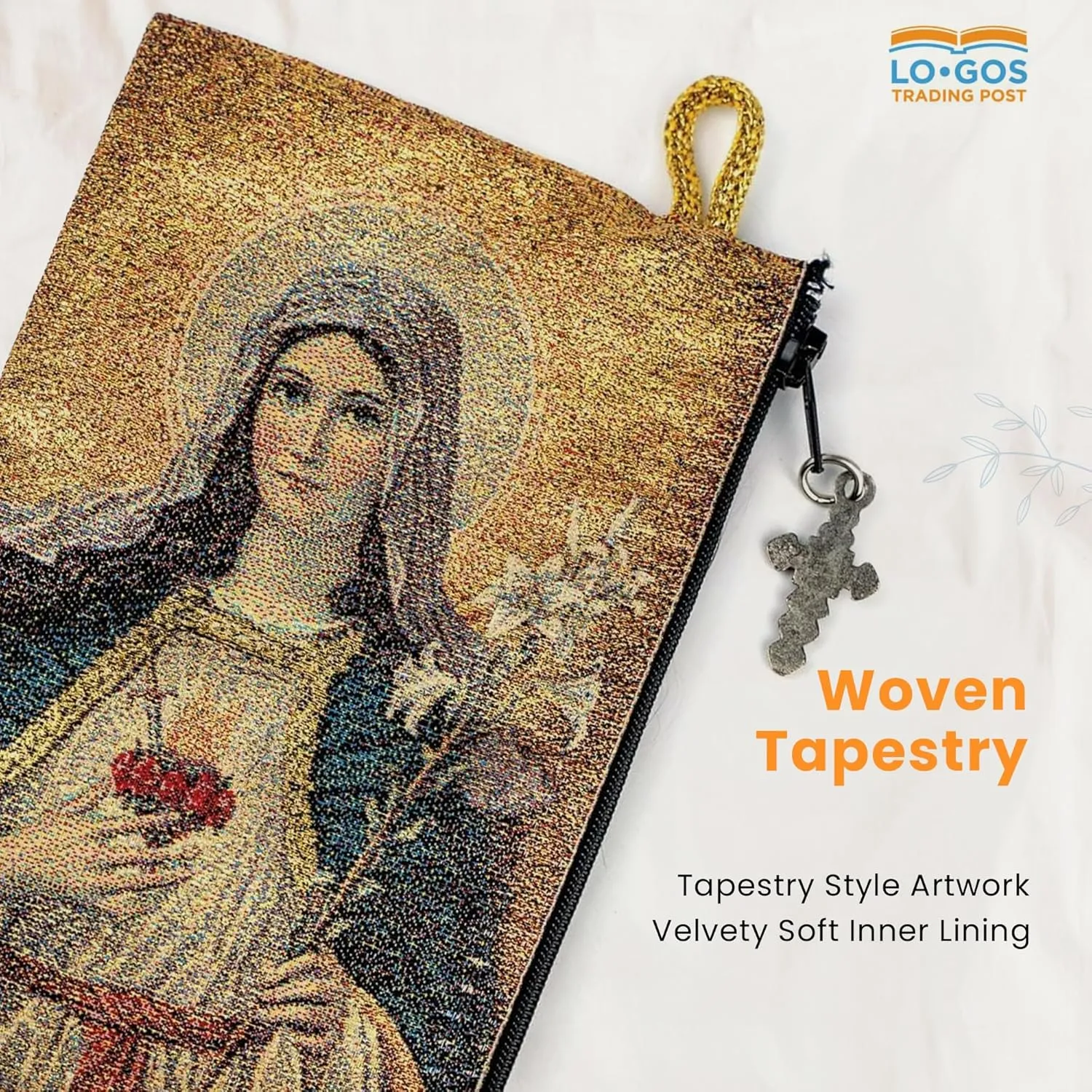 Catholic Rosary Pouch, Sacred Heart of Jesus & Immaculate Heart of Mary, 4" x 6" Jewelry & Coin Purse with Cross, Small Woven Tapestry Icon Bag, Bolsa de Rosario Católico para Joyería