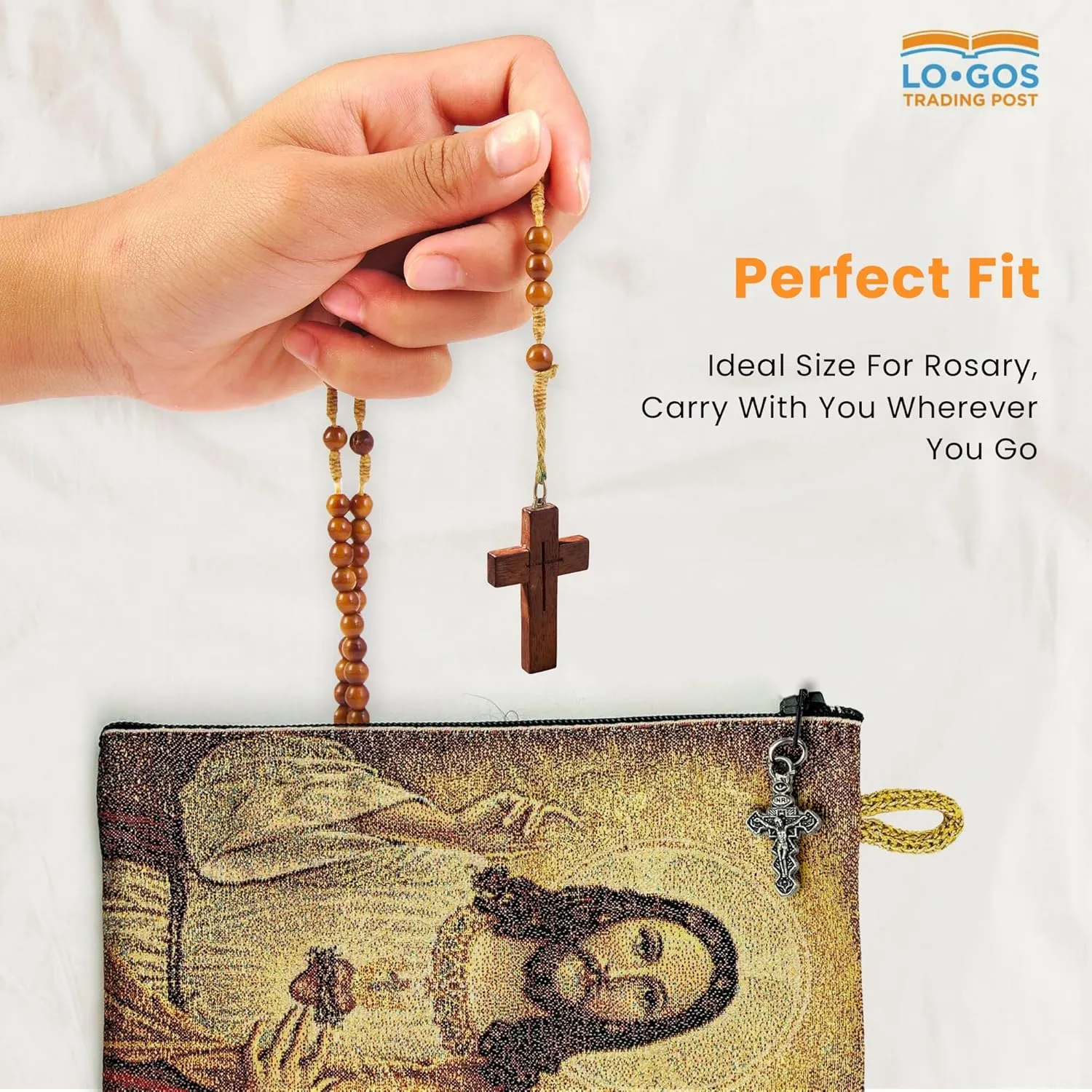 Catholic Rosary Pouch, Sacred Heart of Jesus & Immaculate Heart of Mary, 4" x 6" Jewelry & Coin Purse with Cross, Small Woven Tapestry Icon Bag, Bolsa de Rosario Católico para Joyería