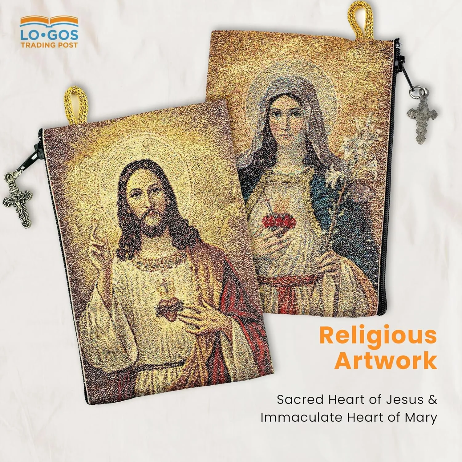 Catholic Rosary Pouch, Sacred Heart of Jesus & Immaculate Heart of Mary, 4" x 6" Jewelry & Coin Purse with Cross, Small Woven Tapestry Icon Bag, Bolsa de Rosario Católico para Joyería