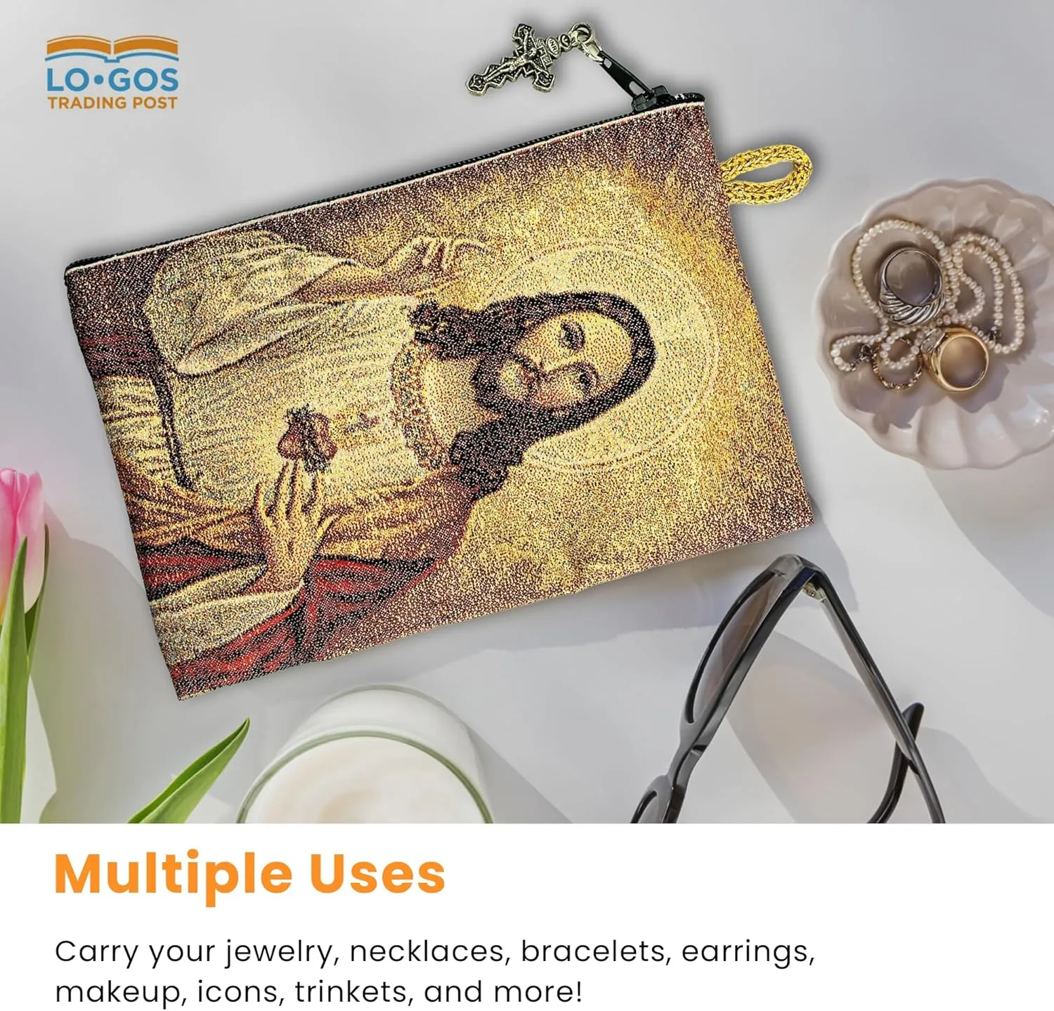 Catholic Rosary Pouch, Sacred Heart of Jesus & Immaculate Heart of Mary, 4" x 6" Jewelry & Coin Purse with Cross, Small Woven Tapestry Icon Bag, Bolsa de Rosario Católico para Joyería