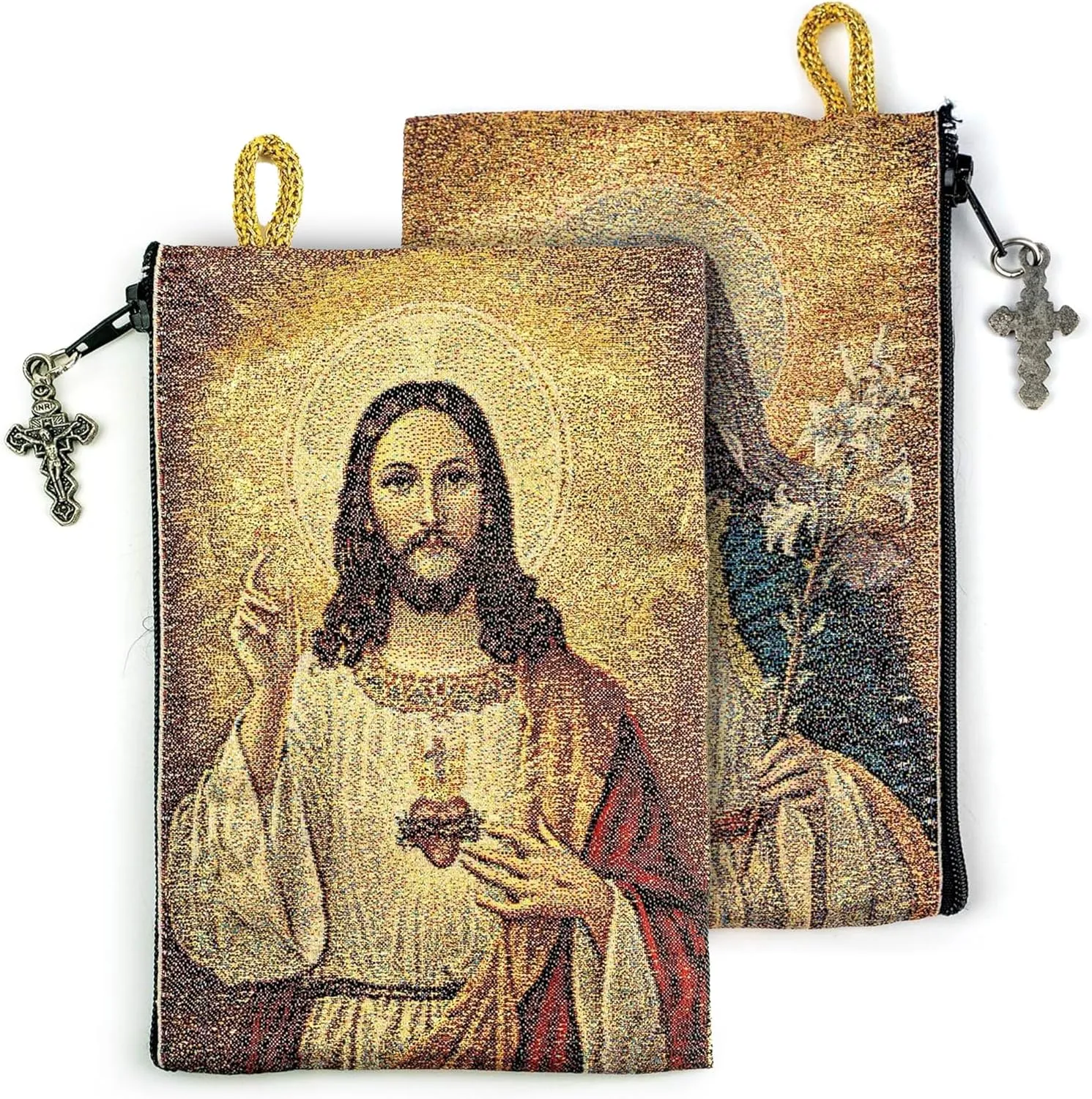 Catholic Rosary Pouch, Sacred Heart of Jesus & Immaculate Heart of Mary, 4" x 6" Jewelry & Coin Purse with Cross, Small Woven Tapestry Icon Bag, Bolsa de Rosario Católico para Joyería