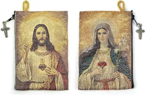 Catholic Rosary Pouch, Sacred Heart of Jesus & Immaculate Heart of Mary, 4" x 6" Jewelry & Coin Purse with Cross, Small Woven Tapestry Icon Bag, Bolsa de Rosario Católico para Joyería