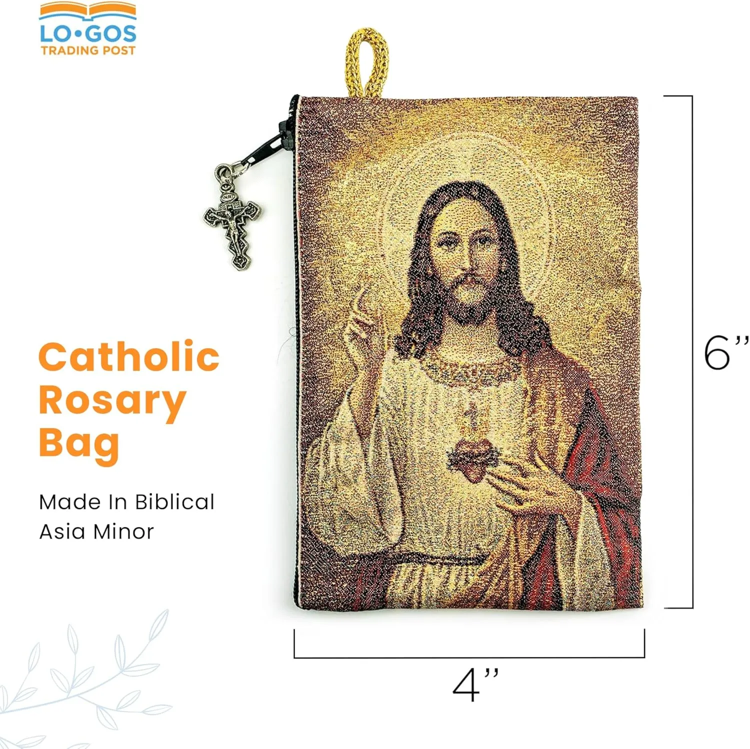 Catholic Rosary Pouch, Sacred Heart of Jesus & Immaculate Heart of Mary, 4" x 6" Jewelry & Coin Purse with Cross, Small Woven Tapestry Icon Bag, Bolsa de Rosario Católico para Joyería