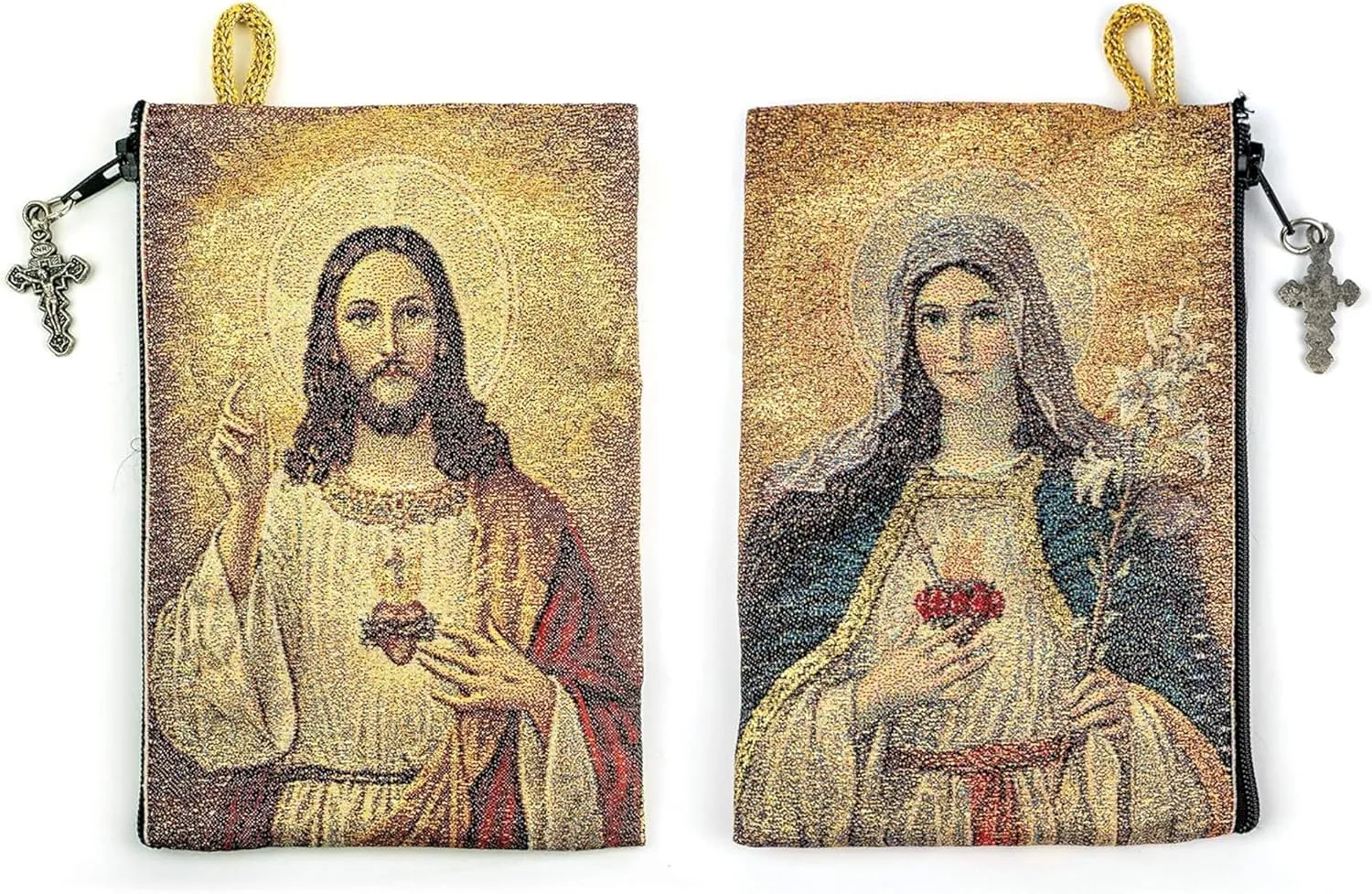 Catholic Rosary Pouch, Sacred Heart of Jesus & Immaculate Heart of Mary, 4" x 6" Jewelry & Coin Purse with Cross, Small Woven Tapestry Icon Bag, Bolsa de Rosario Católico para Joyería