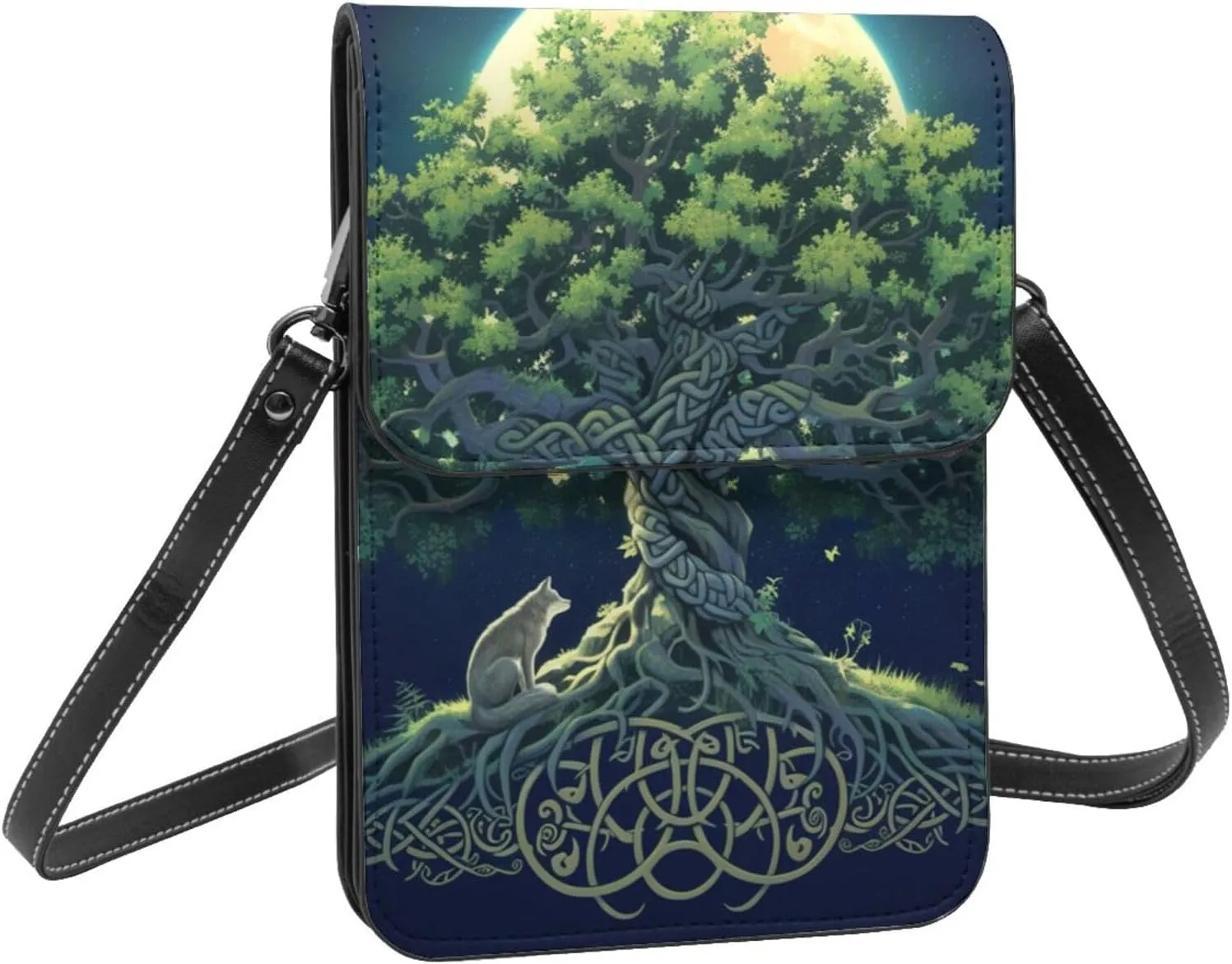 Celtic tree of life fantasy viking mythology design crossbody cell phone purse for womens lightweight small soft leather fashion travel wallet with adjustable strap