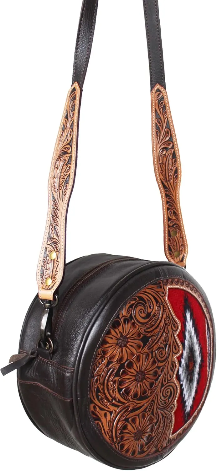 CHALLENGER Western Floral Tooled Round Canteen Woven Inlay Leather Shoulder Crossbody Bag Purse 18FKHRoundCrossbody