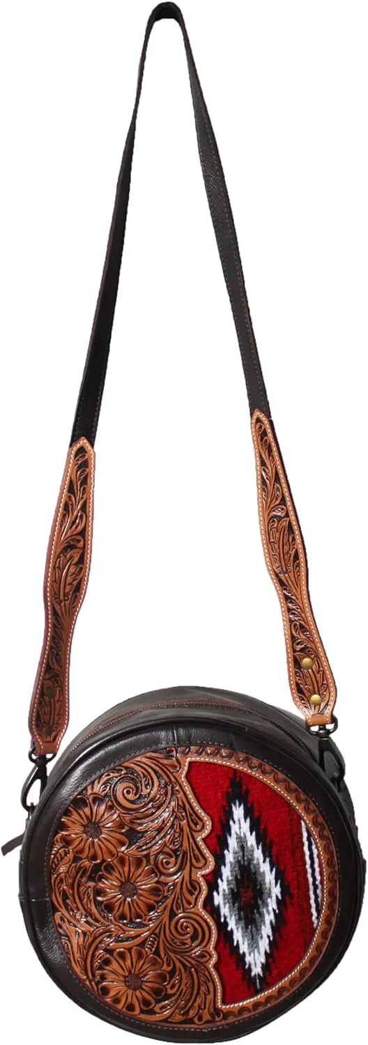 CHALLENGER Western Floral Tooled Round Canteen Woven Inlay Leather Shoulder Crossbody Bag Purse 18FKHRoundCrossbody