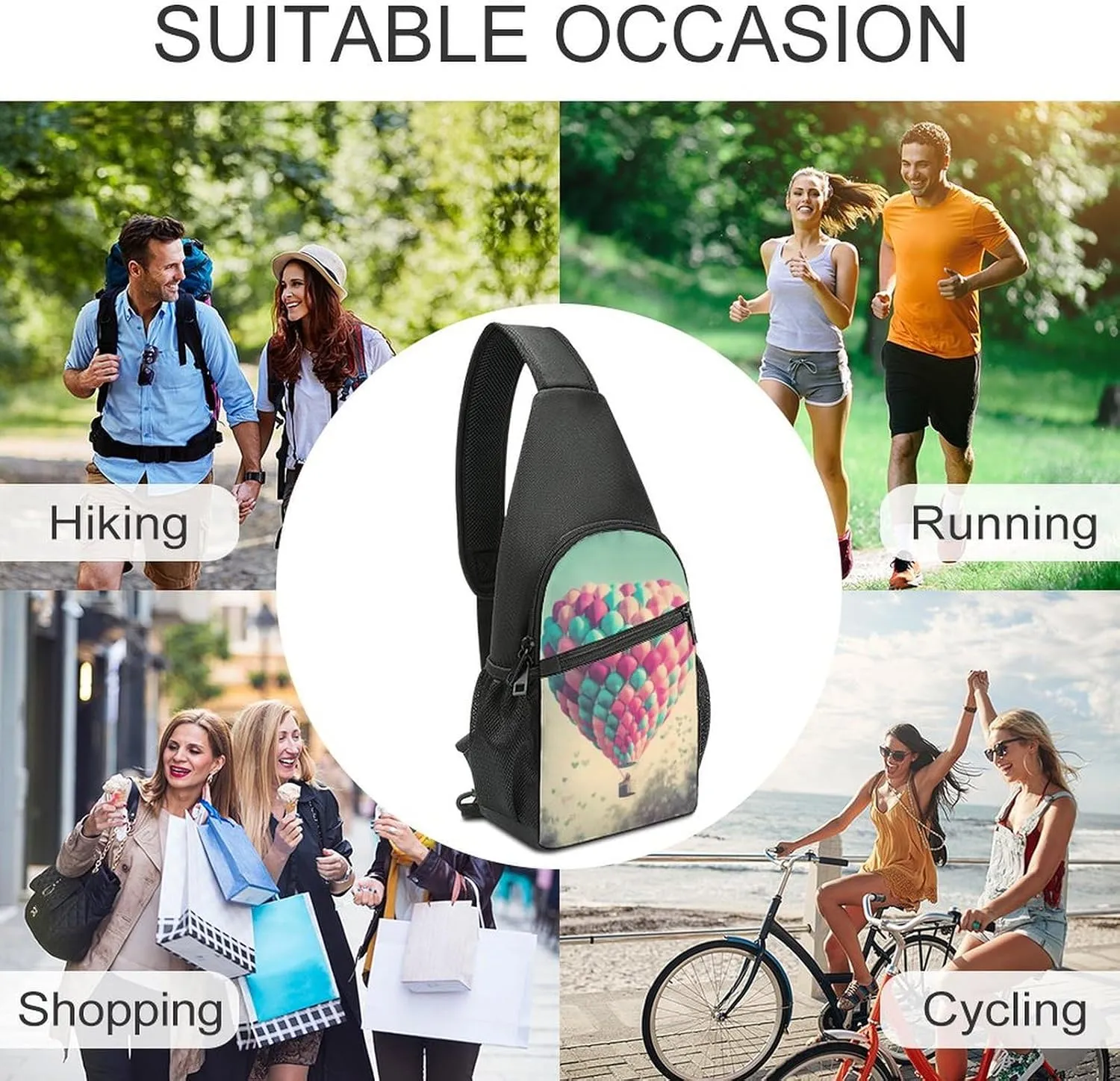 Chest Bag Sling Bag for Men Women Heart Shaped Hot Air Balloon Sport Sling Backpack Lightweight Shoulder Bag for Travel