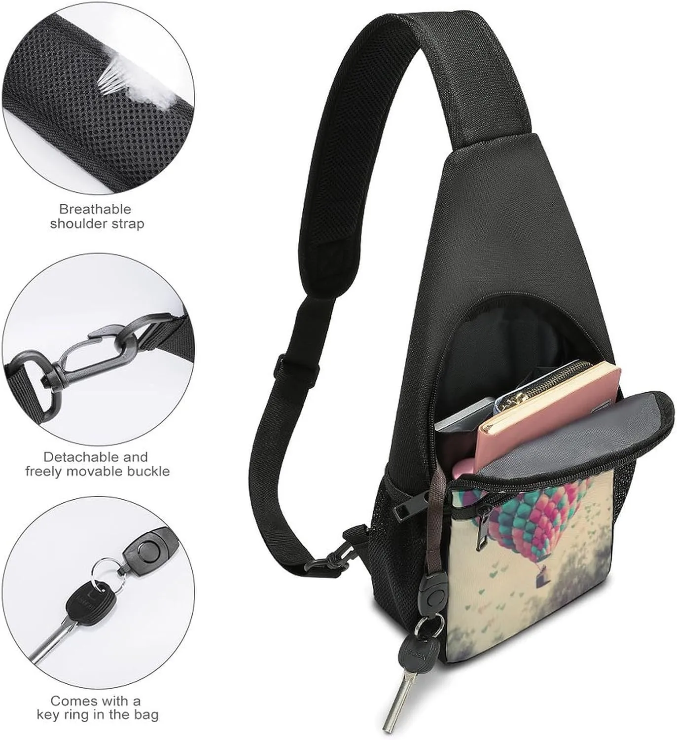 Chest Bag Sling Bag for Men Women Heart Shaped Hot Air Balloon Sport Sling Backpack Lightweight Shoulder Bag for Travel