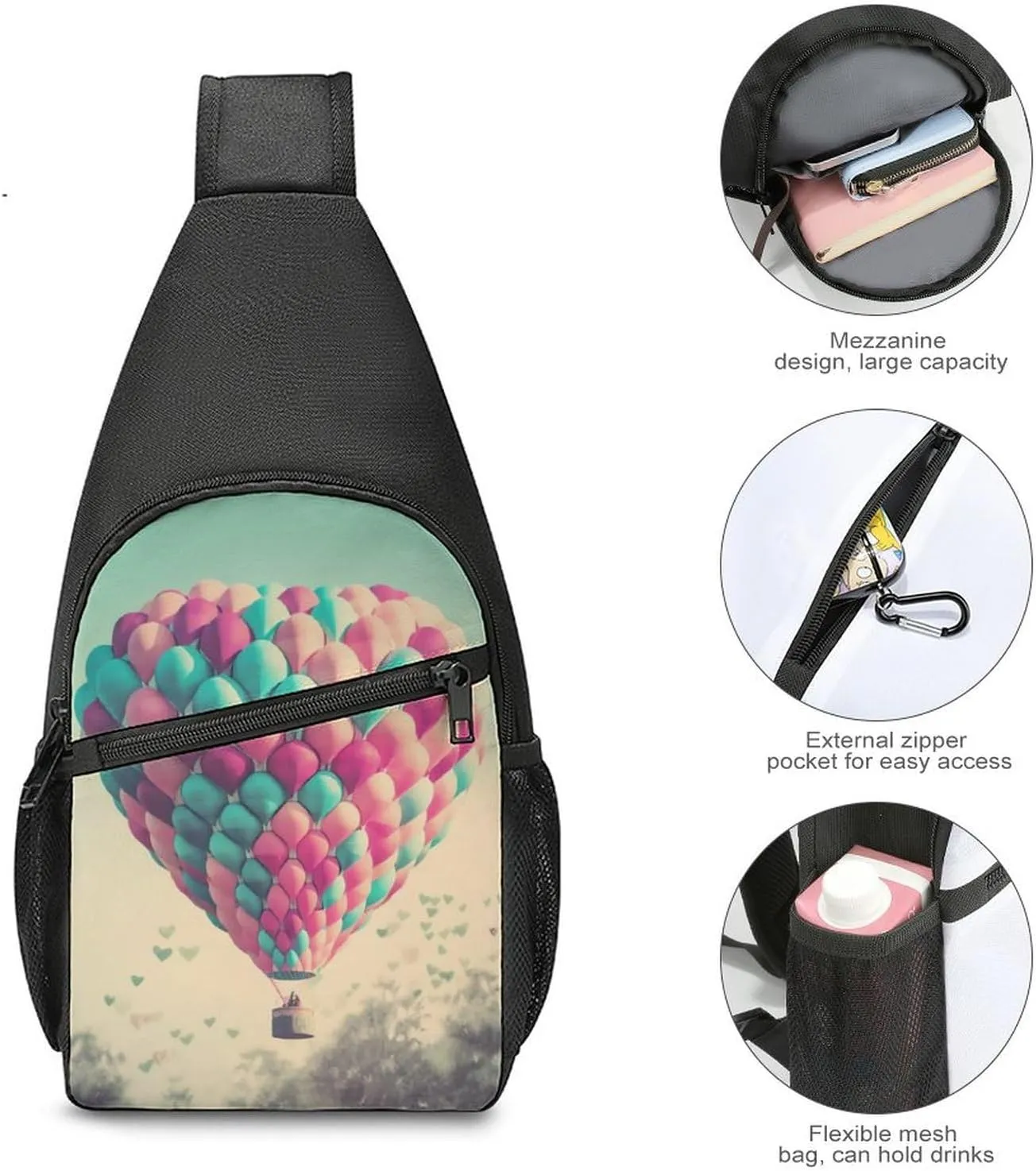 Chest Bag Sling Bag for Men Women Heart Shaped Hot Air Balloon Sport Sling Backpack Lightweight Shoulder Bag for Travel