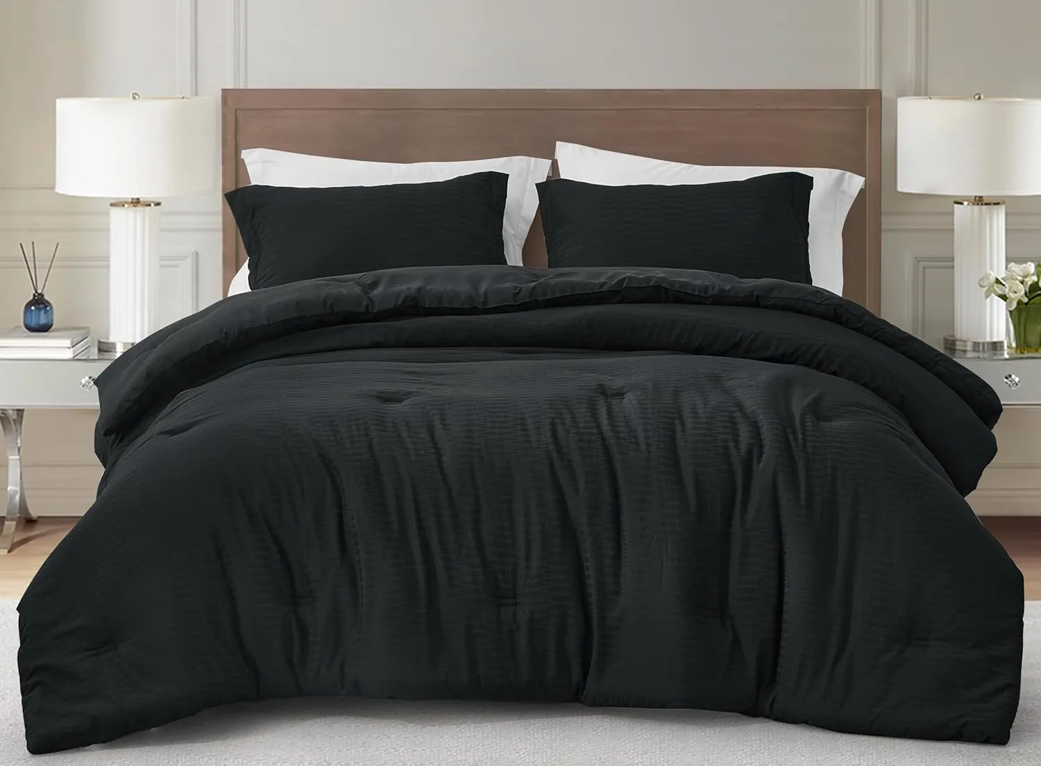 Chezmoi Collection Calvin 3-Piece Jacquard Comforter Set Full Size, Black Textured Woven Lightweight Comforter Bedding for All Season (1 Comforter 86x86 inches, 2 Shams)