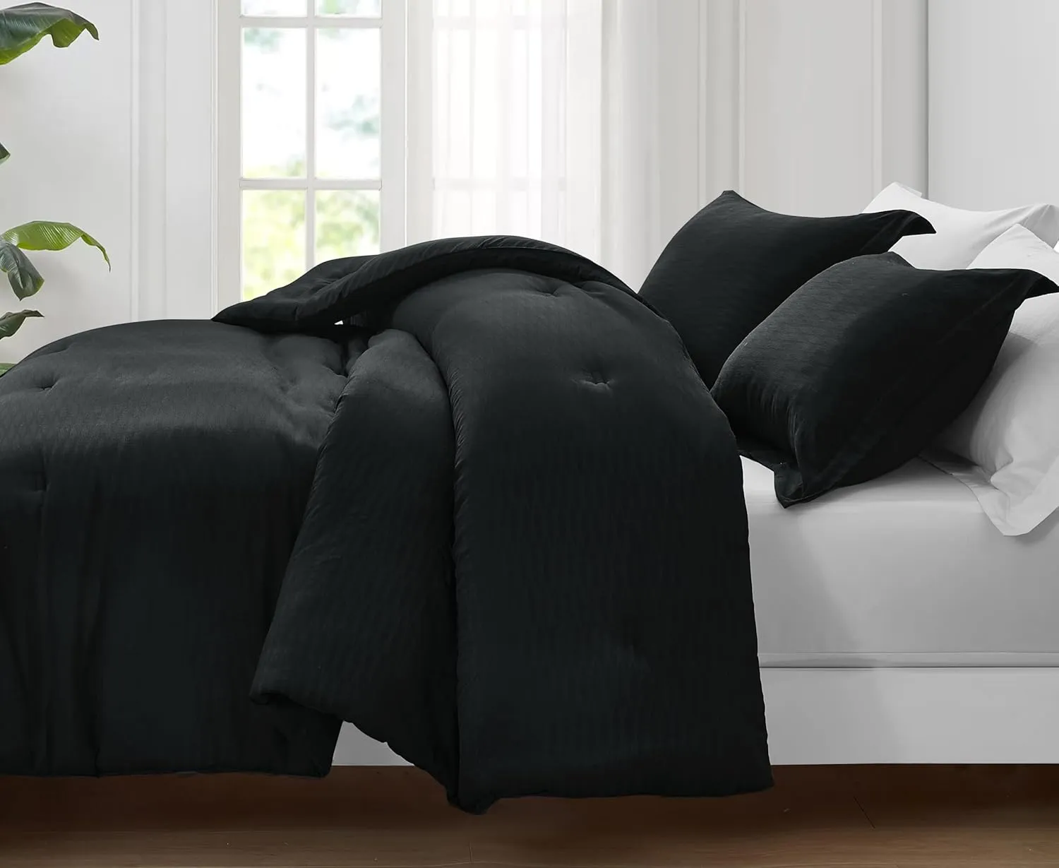 Chezmoi Collection Calvin 3-Piece Jacquard Comforter Set Full Size, Black Textured Woven Lightweight Comforter Bedding for All Season (1 Comforter 86x86 inches, 2 Shams)