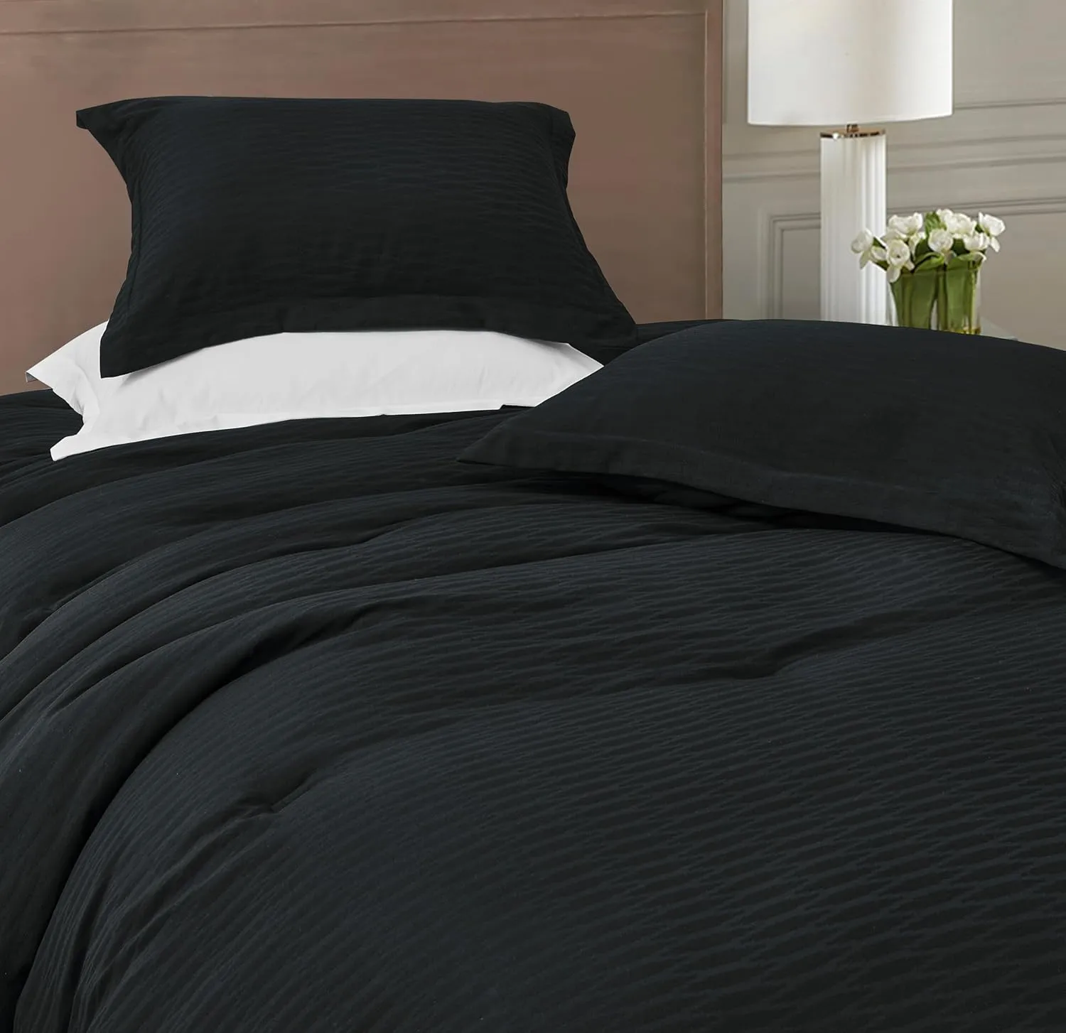 Chezmoi Collection Calvin 3-Piece Jacquard Comforter Set Full Size, Black Textured Woven Lightweight Comforter Bedding for All Season (1 Comforter 86x86 inches, 2 Shams)