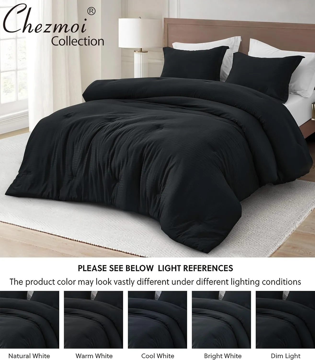 Chezmoi Collection Calvin 3-Piece Jacquard Comforter Set Full Size, Black Textured Woven Lightweight Comforter Bedding for All Season (1 Comforter 86x86 inches, 2 Shams)